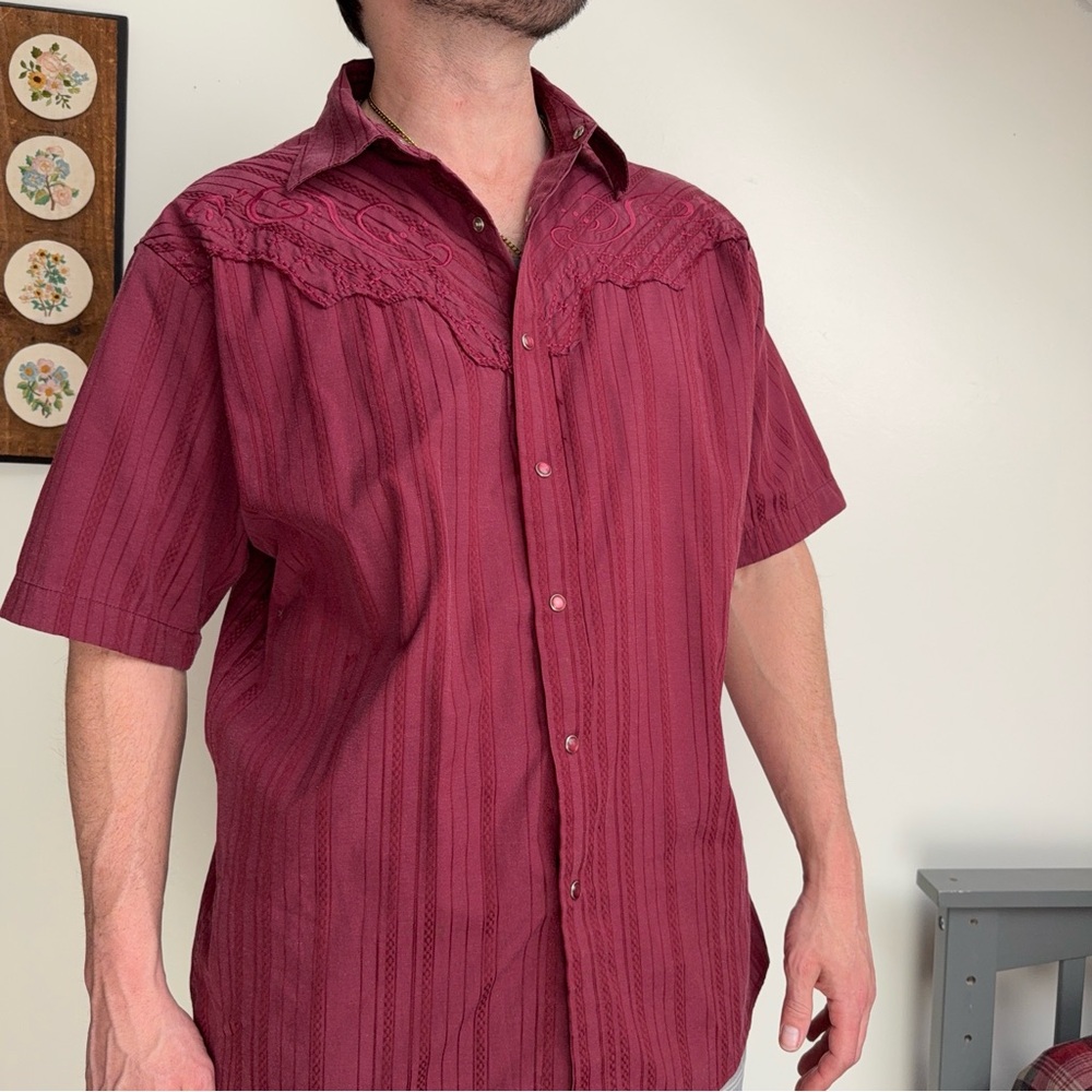 90s Burgundy Pearl Snap Embroidered Western Shirt